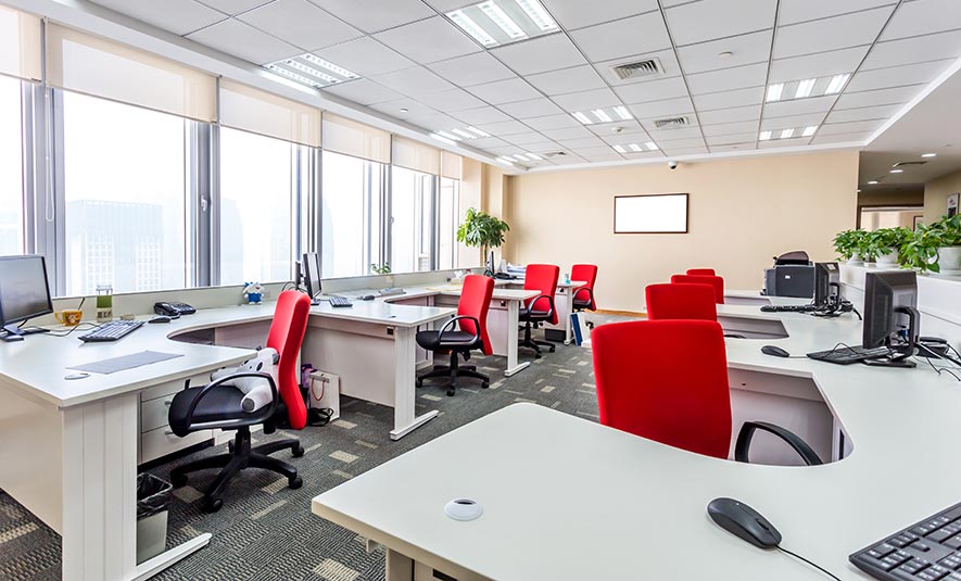modern office with red chairs